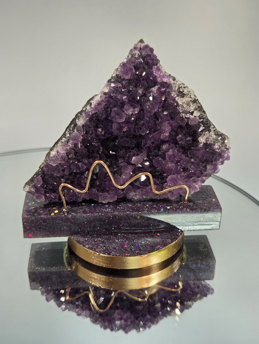 Natural Amethyst Druzy Freeform Slice Gemstone On Handmade Resin/ Bronze Display
